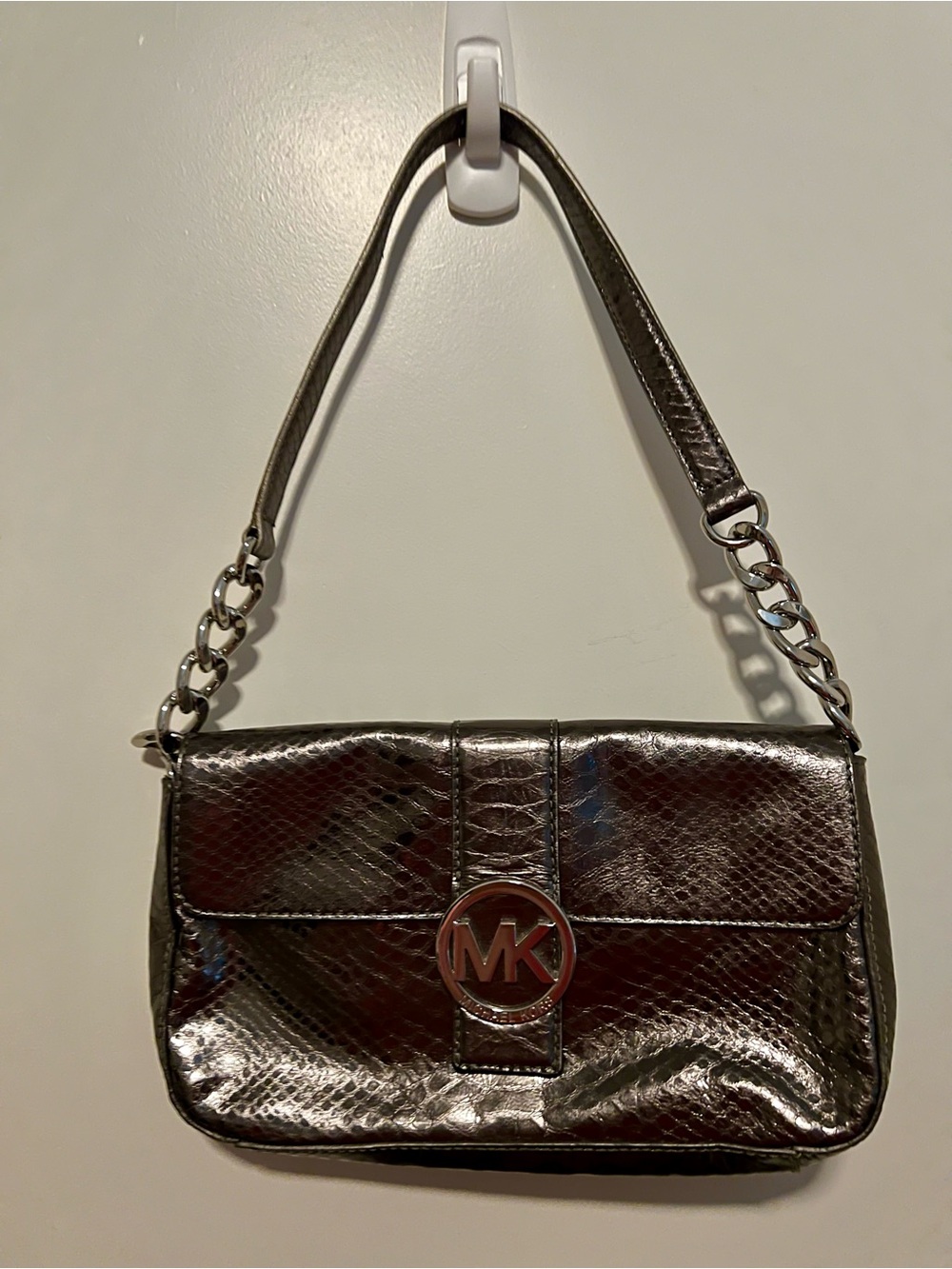 Michael Kors Silver Metallic Snake-Embossed Shoulder Bag